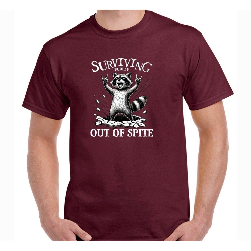 Surviving Purely Out Of Spite Raccoon Graphic T-Shirt Mens Maroon